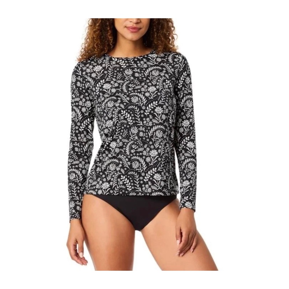NWT Lands End Womens XS Black White Floral L/S Rash Guard Swim Shirt UPF 50 Surf